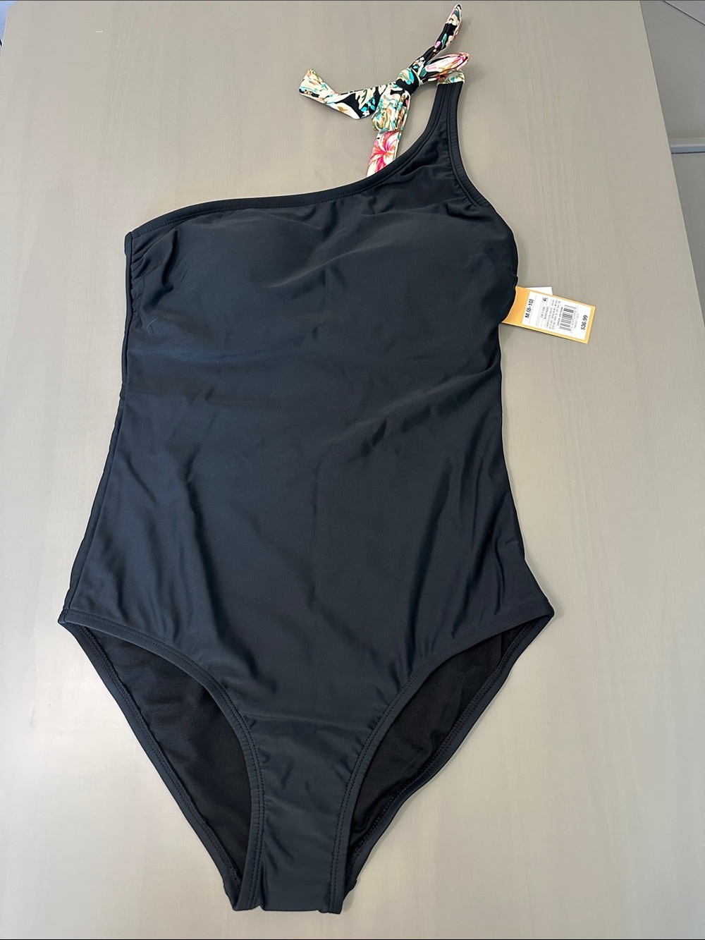 Kona Sol Black One-Shoulder One-Piece Swimsuit with Floral Tie Strap
